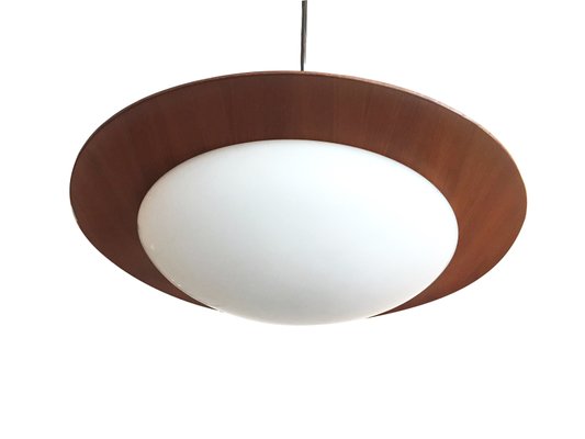 Mid-Century Round Wood, Opaline Glass, and Polished Steel Pendant Lamp, 1950s-GGK-658767