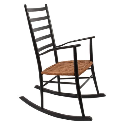 Mid-Century Scandinavian Black Wood Rocking Chair with Rope Seat, 1950s-JDR-1125863