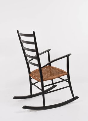 Mid-Century Scandinavian Black Wood Rocking Chair with Rope Seat, 1950s-JDR-1125863