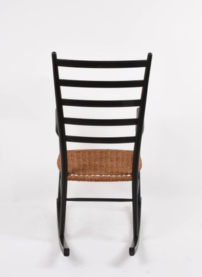 Mid-Century Scandinavian Black Wood Rocking Chair with Rope Seat, 1950s-JDR-1125863