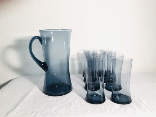 Mid-Century Scandinavian Blue Glass Juice Set, 1960s, Set of 9-RZY-715058