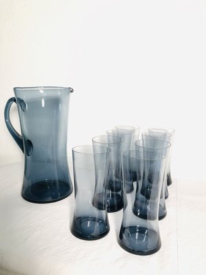 Mid-Century Scandinavian Blue Glass Juice Set, 1960s, Set of 9-RZY-715058