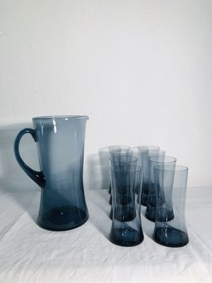 Mid-Century Scandinavian Blue Glass Juice Set, 1960s, Set of 9-RZY-715058