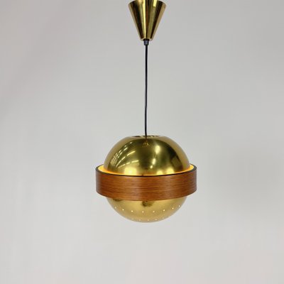 Mid-Century Scandinavian Brass and Teak Pendant, 1960s-RMX-1789253