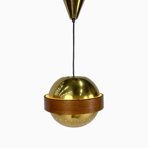 Mid-Century Scandinavian Brass and Teak Pendant, 1960s-RMX-1789253