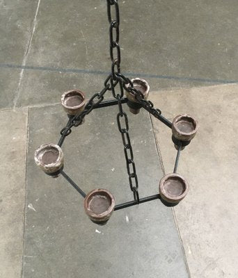 Mid-Century Scandinavian Brutalist Candle Chandelier in Wrought Iron, 1960s-UAH-1264401