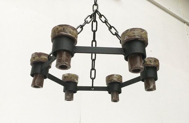 Mid-Century Scandinavian Brutalist Candle Chandelier in Wrought Iron, 1960s-UAH-1264401