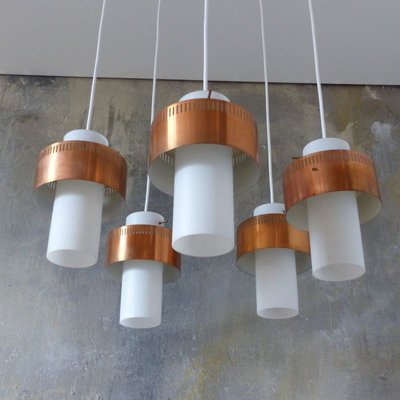 Mid-Century Scandinavian Copper and Opaline Glass Ceiling Lamp-WK-729467