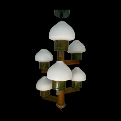 Mid-Century Scandinavian Hanging Pendant in Pine and Opaline Glass-BHG-1315365