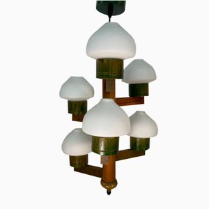 Mid-Century Scandinavian Hanging Pendant in Pine and Opaline Glass-BHG-1315365