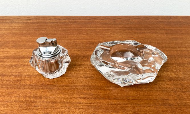 Mid-Century Scandinavian Heavy Ice Glass Table Lighter and Ashtray, 1960s, Set of 2-UAH-1319306