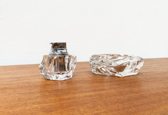 Mid-Century Scandinavian Heavy Ice Glass Table Lighter and Ashtray, 1960s, Set of 2-UAH-1319306