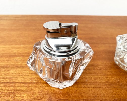 Mid-Century Scandinavian Heavy Ice Glass Table Lighter and Ashtray, 1960s, Set of 2-UAH-1319306