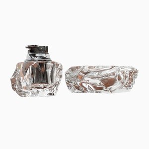 Mid-Century Scandinavian Heavy Ice Glass Table Lighter and Ashtray, 1960s, Set of 2-UAH-1319306