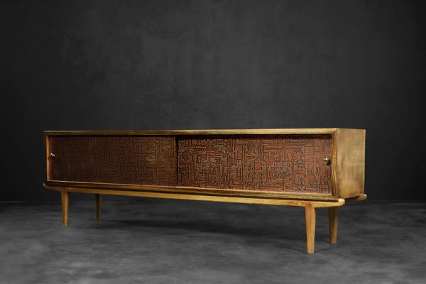 Mid-Century Scandinavian Modern Birch Sideboard with Copper Relief on the Front, 1960s-ZAA-1758141