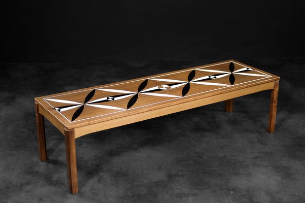 Mid-Century Scandinavian Modern Teak Long and Low Coffee Table with Hand-Painted Pattern on Top, 1960s-ZAA-1764644