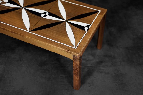 Mid-Century Scandinavian Modern Teak Long and Low Coffee Table with Hand-Painted Pattern on Top, 1960s-ZAA-1764644