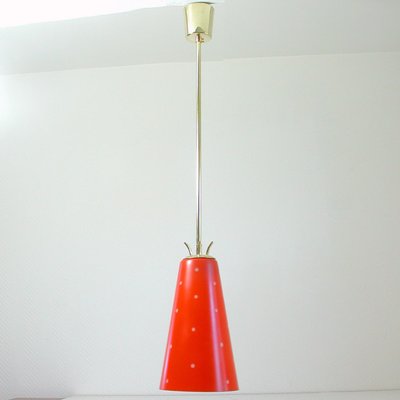 Mid-Century Scandinavian Red Glass and Brass Pendant, 1950s-OE-897853