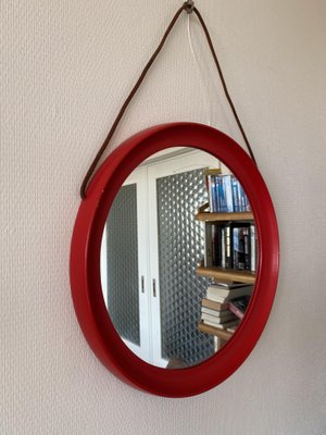 Mid-Century Scandinavian Red Round Wooden Mirror with Leather Strap, 1950s-DE-2017554