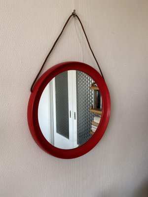 Mid-Century Scandinavian Red Round Wooden Mirror with Leather Strap, 1950s-DE-2017554