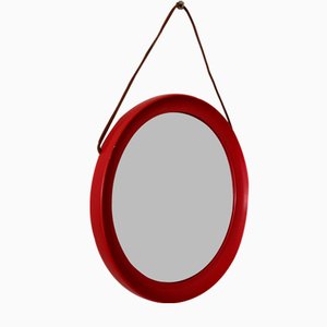 Mid-Century Scandinavian Red Round Wooden Mirror with Leather Strap, 1950s-DE-2017554