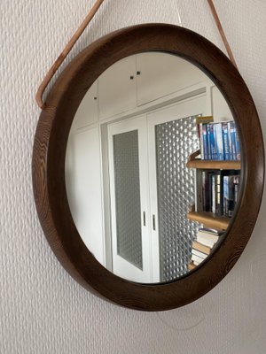 Mid-Century Scandinavian Round Wenge Wood Mirror with Leather Strap, 1950s-DE-2017555