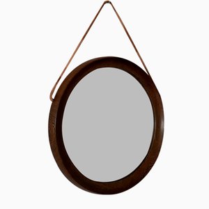 Mid-Century Scandinavian Round Wenge Wood Mirror with Leather Strap, 1950s-DE-2017555