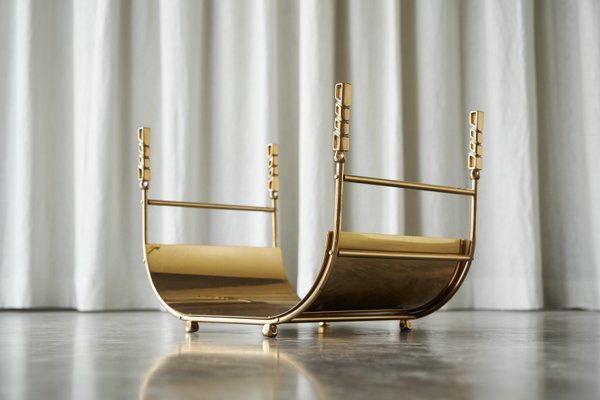 Mid-Century Sculptural Log Basket or Magazine Rack in Brass, 1960s-FEW-2024189