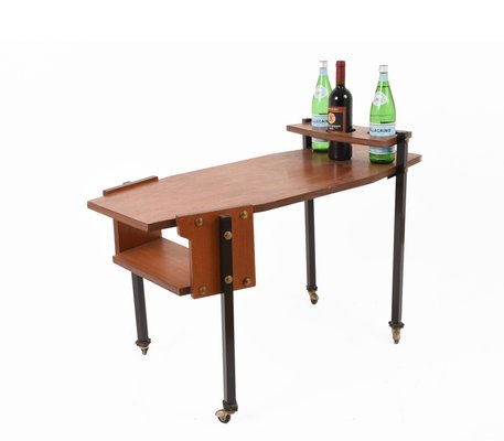 Mid-Century Serving Cart with Teak and Enameled Metal Bottle Holder-JDR-1125570