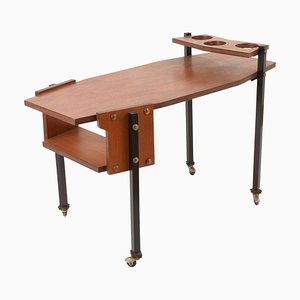 Mid-Century Serving Cart with Teak and Enameled Metal Bottle Holder-JDR-1125570