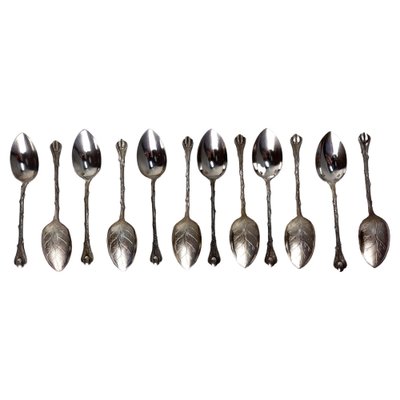 Mid-Century Silver Metal Coffee Spoons Tree-Leaf-Shaped, France, 1960s-RIU-1403206