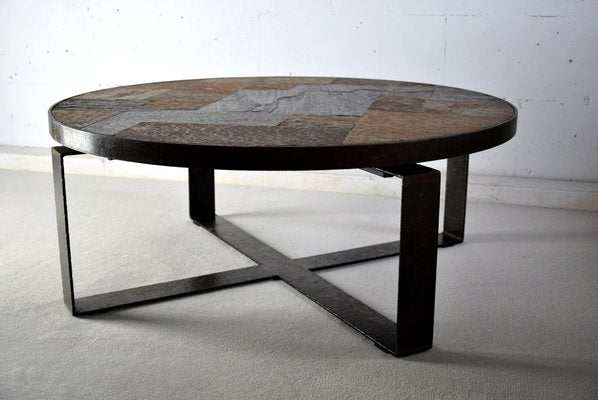 Mid-Century Slate Stone and Brass Coffee Table by Paul Kingma-IEI-712936