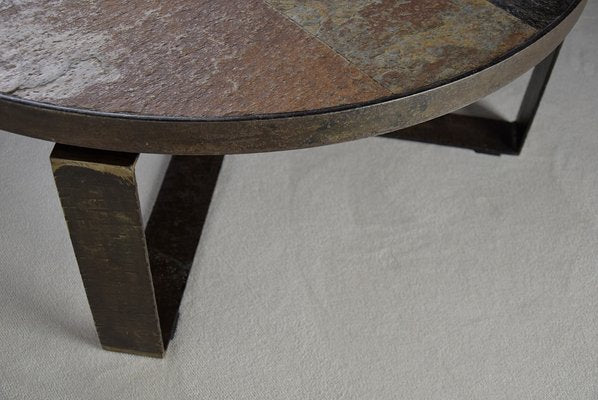 Mid-Century Slate Stone and Brass Coffee Table by Paul Kingma-IEI-712936