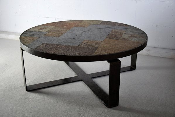 Mid-Century Slate Stone and Brass Coffee Table by Paul Kingma-IEI-712936