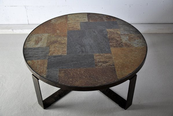 Mid-Century Slate Stone and Brass Coffee Table by Paul Kingma-IEI-712936