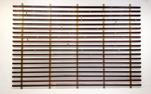 Mid-Century Slatted Coat Rack with Brass Hooks attributed to Jules Wabbes, Belgium, 1950s-FGA-1791256