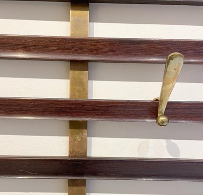 Mid-Century Slatted Coat Rack with Brass Hooks attributed to Jules Wabbes, Belgium, 1950s-FGA-1791256