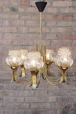 Mid-Century Solid Brass & Iridescent Molded Glass 6-Light Chandelier by Helena Tynell, 1960s-XIJ-894475