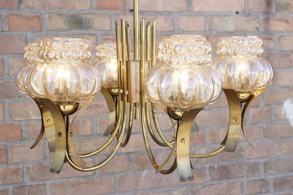 Mid-Century Solid Brass & Iridescent Molded Glass 6-Light Chandelier by Helena Tynell, 1960s-XIJ-894475