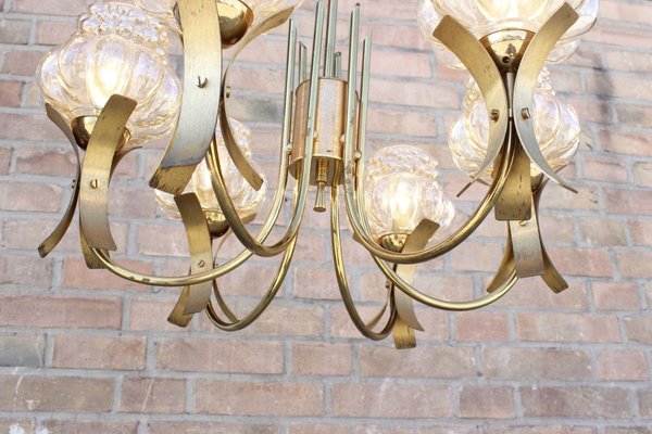 Mid-Century Solid Brass & Iridescent Molded Glass 6-Light Chandelier by Helena Tynell, 1960s-XIJ-894475