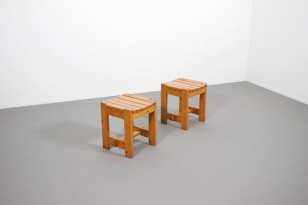 Mid-Century Solid Pine Slat Stools, Sweden, 1960s, Set of 2-QT-1263500