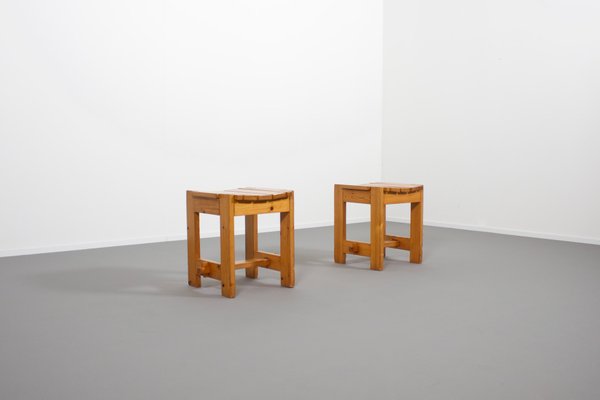 Mid-Century Solid Pine Slat Stools, Sweden, 1960s, Set of 2-QT-1263500