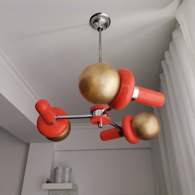 Mid-Century Space Age Orange Wood and Glass Sputnik Chandelier, 1960s-SCS-1001757