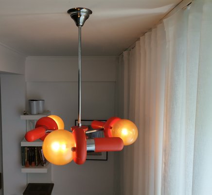 Mid-Century Space Age Orange Wood and Glass Sputnik Chandelier, 1960s-SCS-1001757