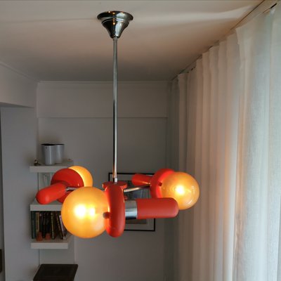 Mid-Century Space Age Orange Wood and Glass Sputnik Chandelier, 1960s-SCS-1001757