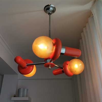 Mid-Century Space Age Orange Wood and Glass Sputnik Chandelier, 1960s-SCS-1001757