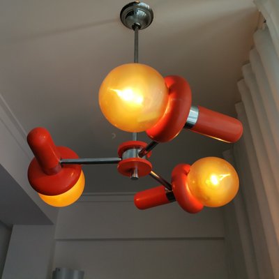 Mid-Century Space Age Orange Wood and Glass Sputnik Chandelier, 1960s-SCS-1001757