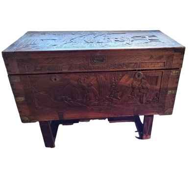 Mid-Century Spanish Carved Wooden Trunk-TCS-1757223