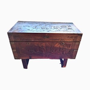 Mid-Century Spanish Carved Wooden Trunk-TCS-1757223