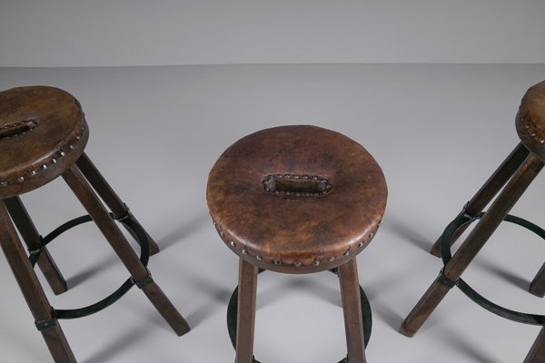 Mid-Century Spanish Leather, Wood, and Iron Barstools, Set of 3-KQB-1432101